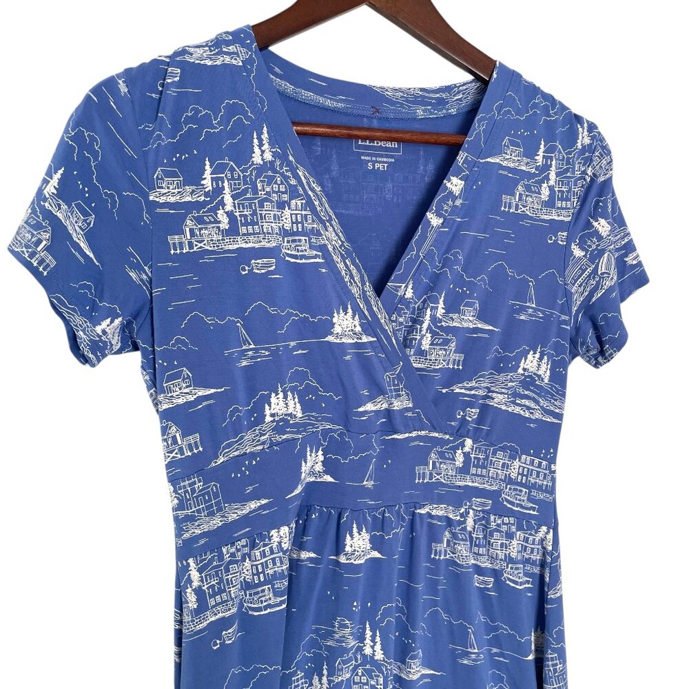 LL Bean Sun Dress Petite Small Blue White Maine Coastal Town Print Nautical